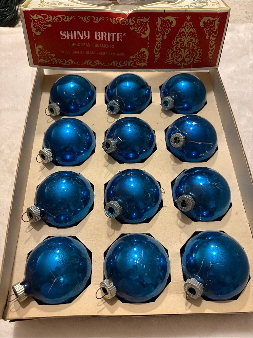 Vintage Shiny Brite Aqua Blue Christmas Ornaments with original box